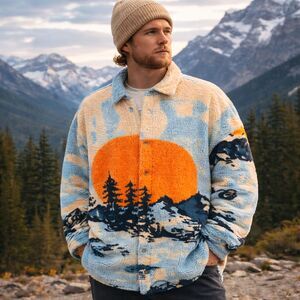 ASOS Design Scenic Sunset Sherpa Fleece Shirt Jacket Landscape Print 2XL